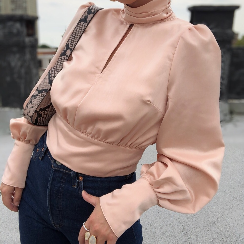 Kelis Satin High Neck Puff Sleeve Blouse - Peach - Picture 5 of 8